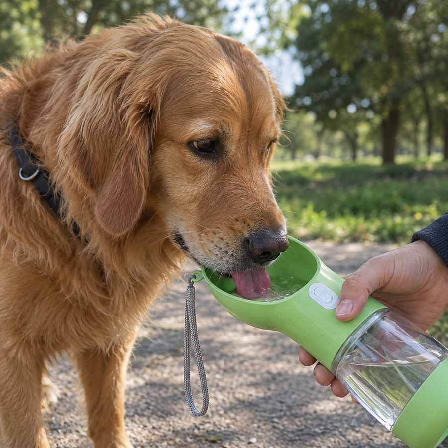 Golden Retriever trinkt aus der grünen WuffBottle